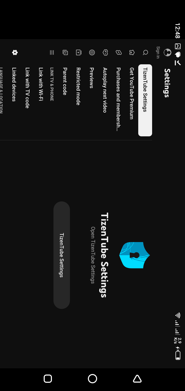 TizenTube settings and viewing preferences screen